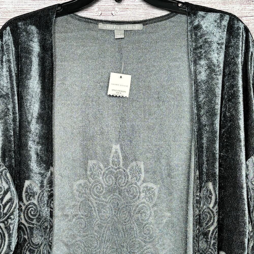Valerie Stevens Slate Crushed Velvet Burnout Open Front Kimono Size Large New - Picture 8 of 11